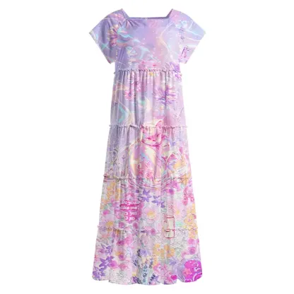 Soulisfree Iridescent Floral Fantasy Square Neck Maxi Dress
