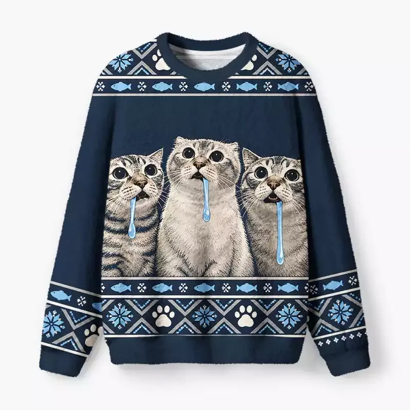 Soulisfree Wide-eyed cat trio Fuzzy Crewneck Sweater