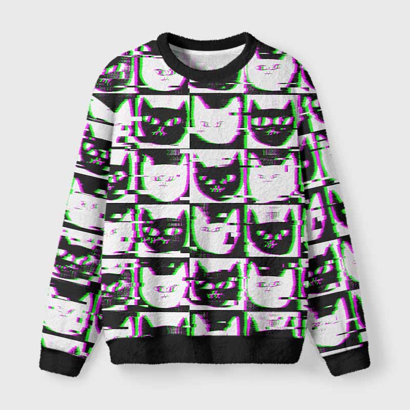 Soulisfree Neon Glitch Cat Fuzzy Crewneck Sweater