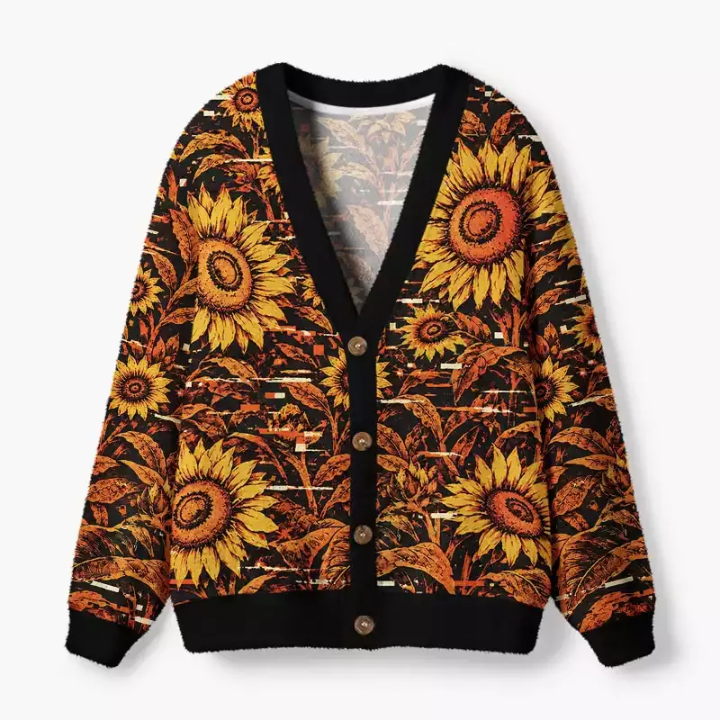 Soulisfree Alien among sunflowers Fuzzy Cardigan Sweater
