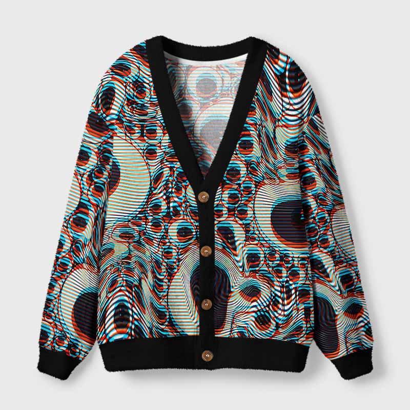 Soulisfree Trippy Optical Vortex Fuzzy Cardigan Sweater