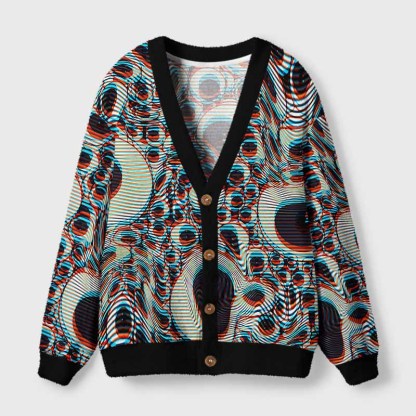 Soulisfree Trippy Optical Vortex Fuzzy Cardigan Sweater