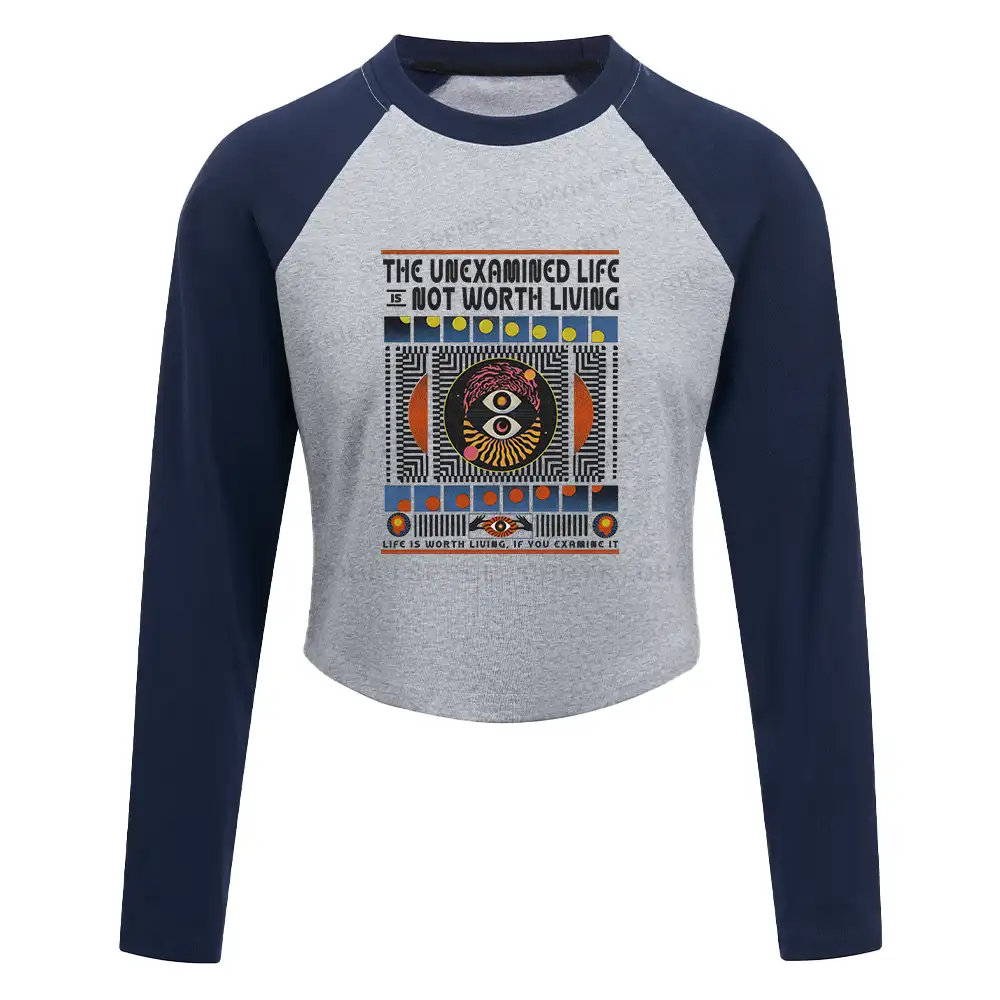 The Unexamined Life Not Worth Living Washed T-shirt Block Raglan Long Sleeve Crop Top