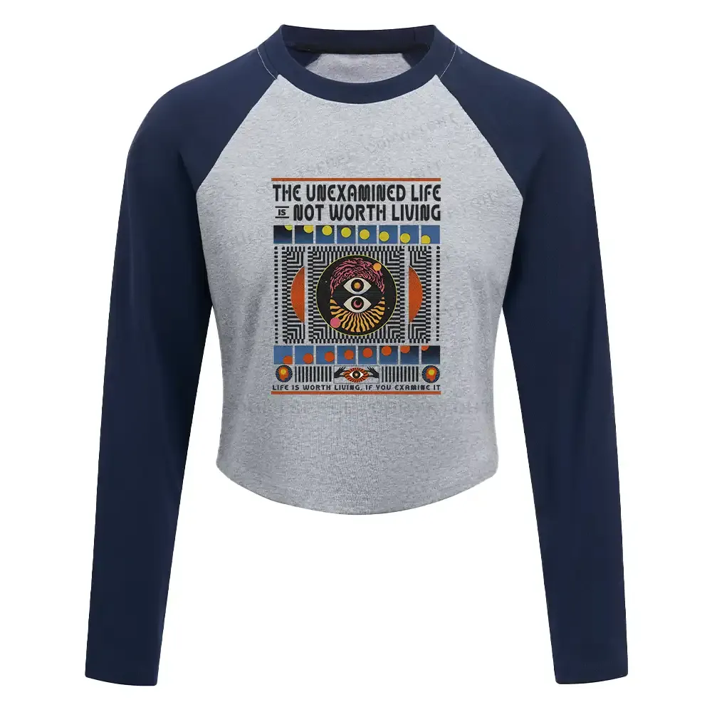 The Unexamined Life Not Worth Living Washed T-shirt Block Raglan Long Sleeve Crop Top