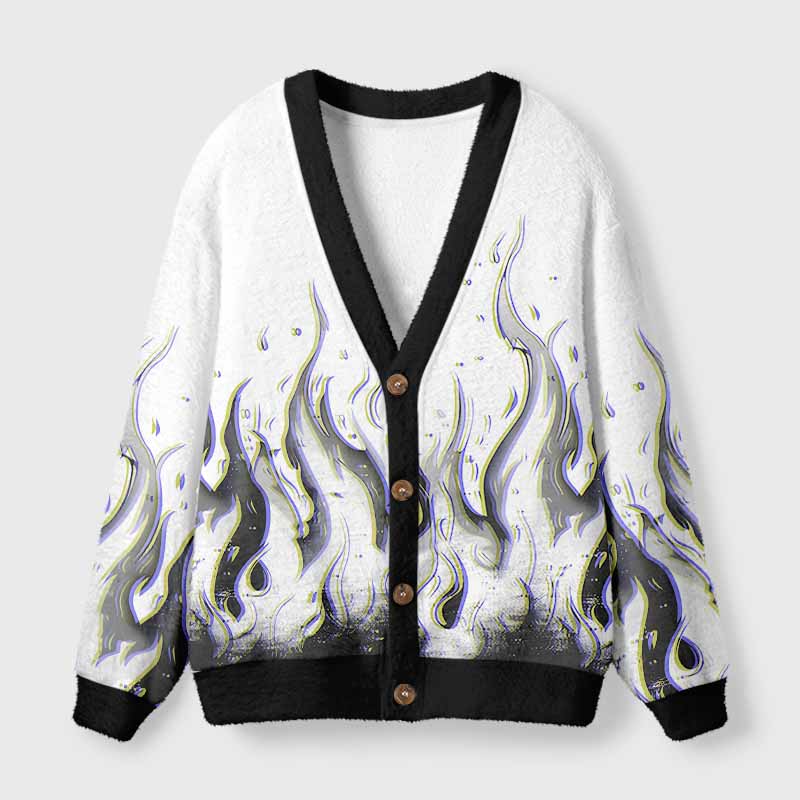 Soulisfree Glitch Flames Fuzzy Cardigan Sweater 