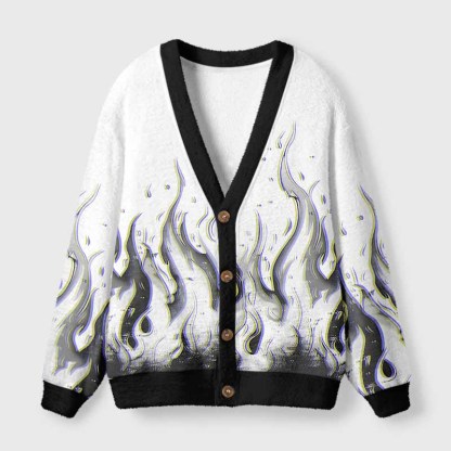 Soulisfree Glitch Flames Fuzzy Cardigan Sweater 