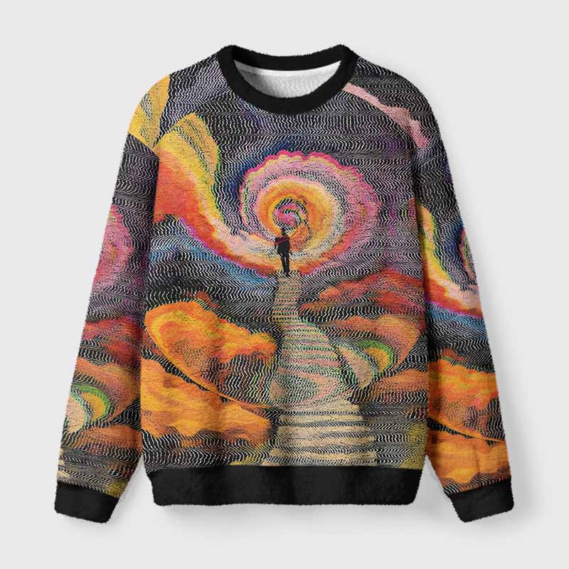 Soulisfree Chromatic Wave Abstraction Fuzzy Crewneck Sweater