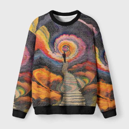 Soulisfree Chromatic Wave Abstraction Fuzzy Crewneck Sweater