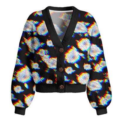 Soulisfree Digital Bloom Women's Fuzzy Cardigan Sweater