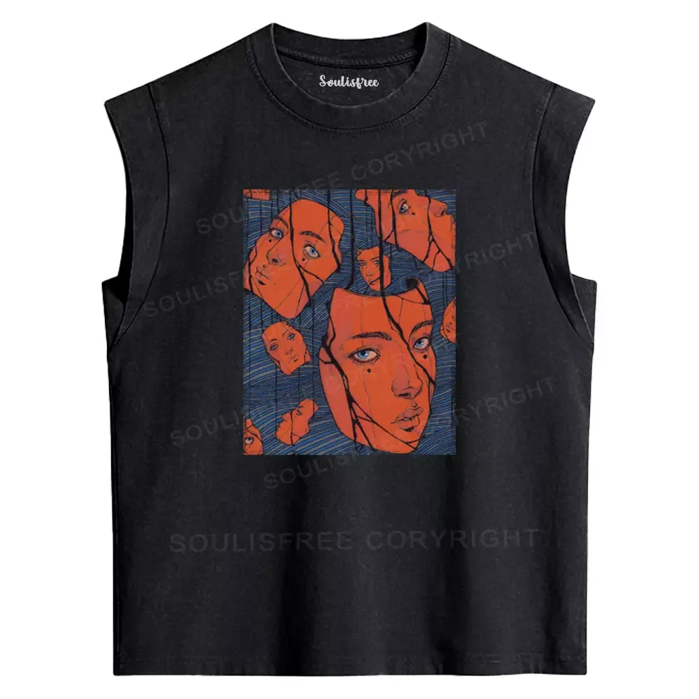 Designed Cracked Perception Washed Tank Tops