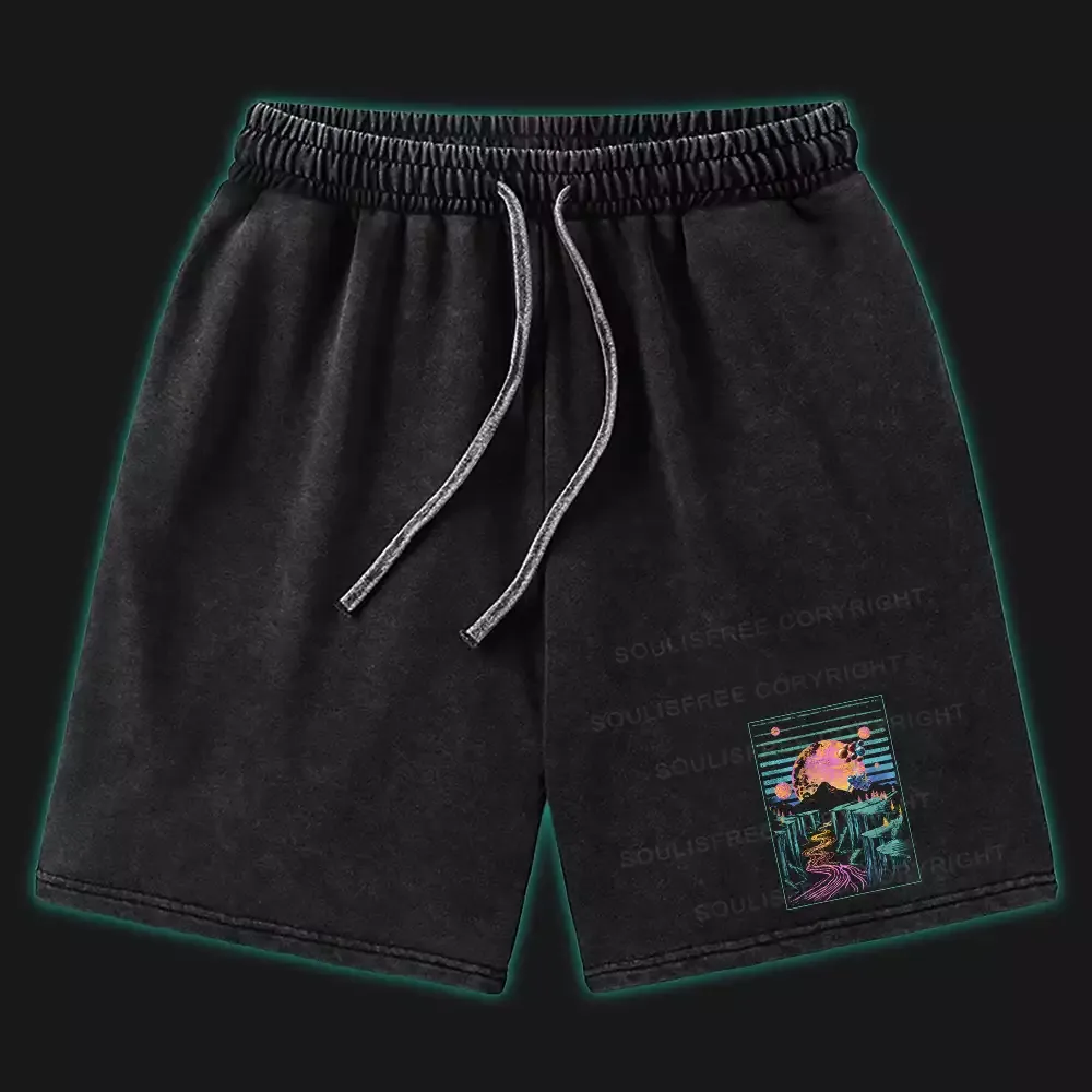 Designed Moon And Balloon Washed Shorts
