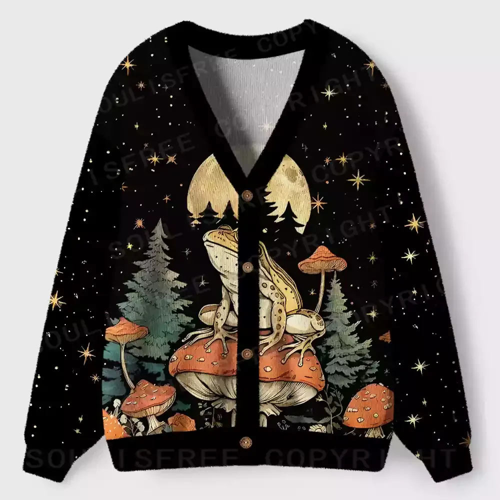 Frog on Mushroom Moonlit Night Ugly Cardigan Sweaters 