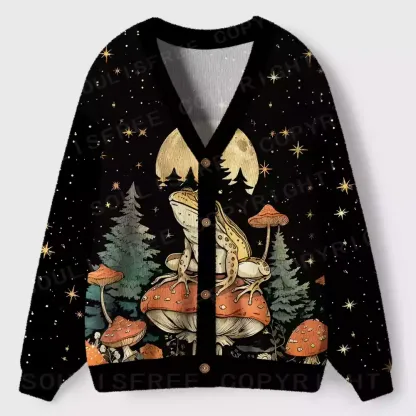 Frog on Mushroom Moonlit Night Ugly Cardigan Sweaters 