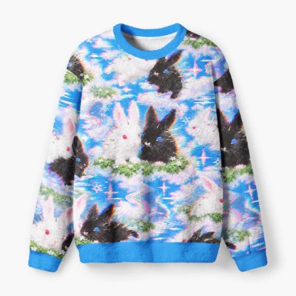 Soulisfree Cyber Bunny Dreamscape Fuzzy Crewneck Sweater