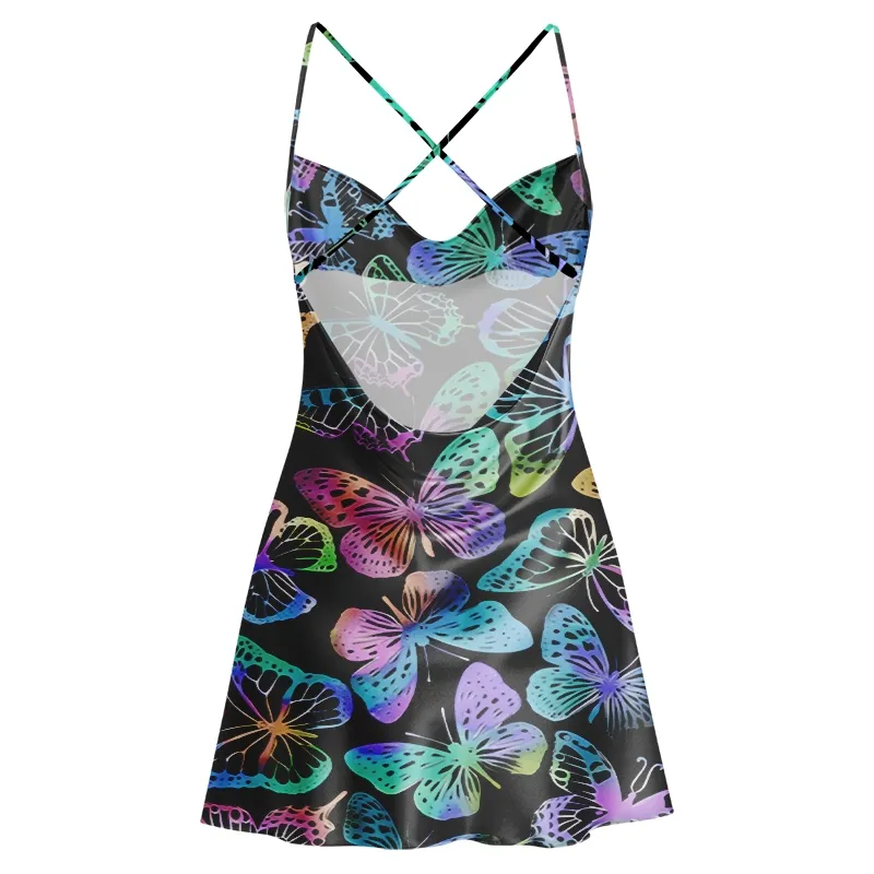 Soulisfree NEON BUTTERFLY SWIRL  Cowl Neck Satin Mini Dress