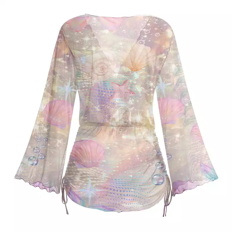 Soulisfree Holographic Beach Seashell Sheer Mesh Cover Up