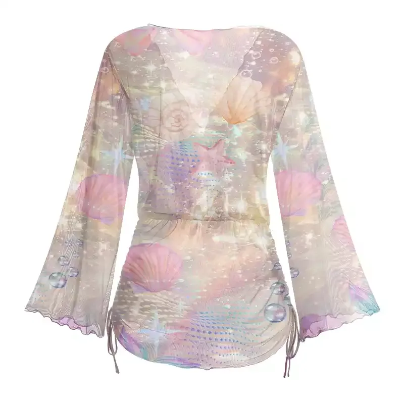 Soulisfree Holographic Beach Seashell Sheer Mesh Cover Up