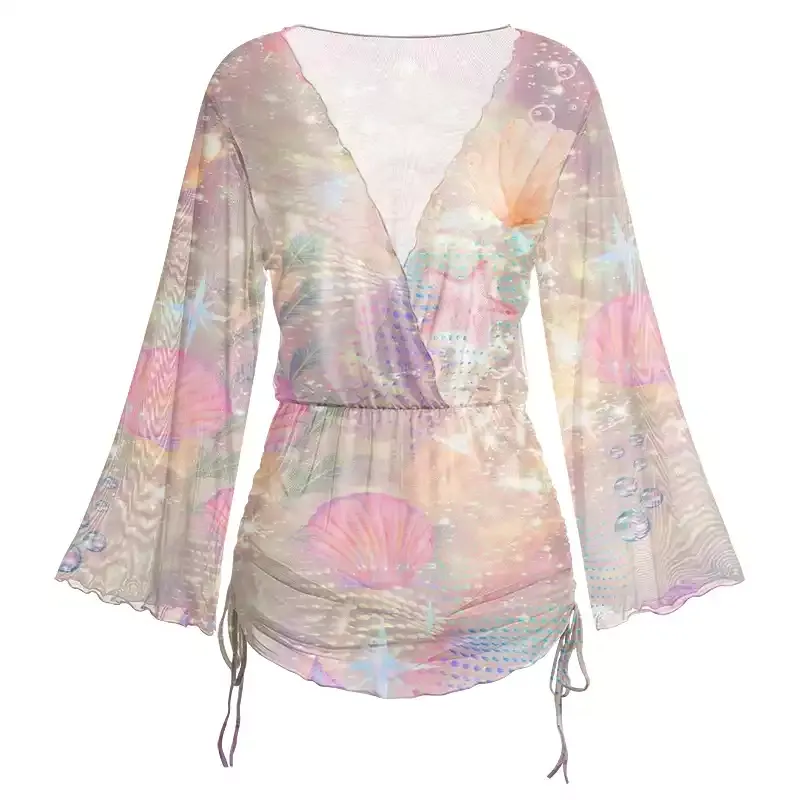 Soulisfree Holographic Beach Seashell Sheer Mesh Cover Up