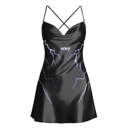Soulisfree Neon Lightning Cowl Neck Satin Mini Dress