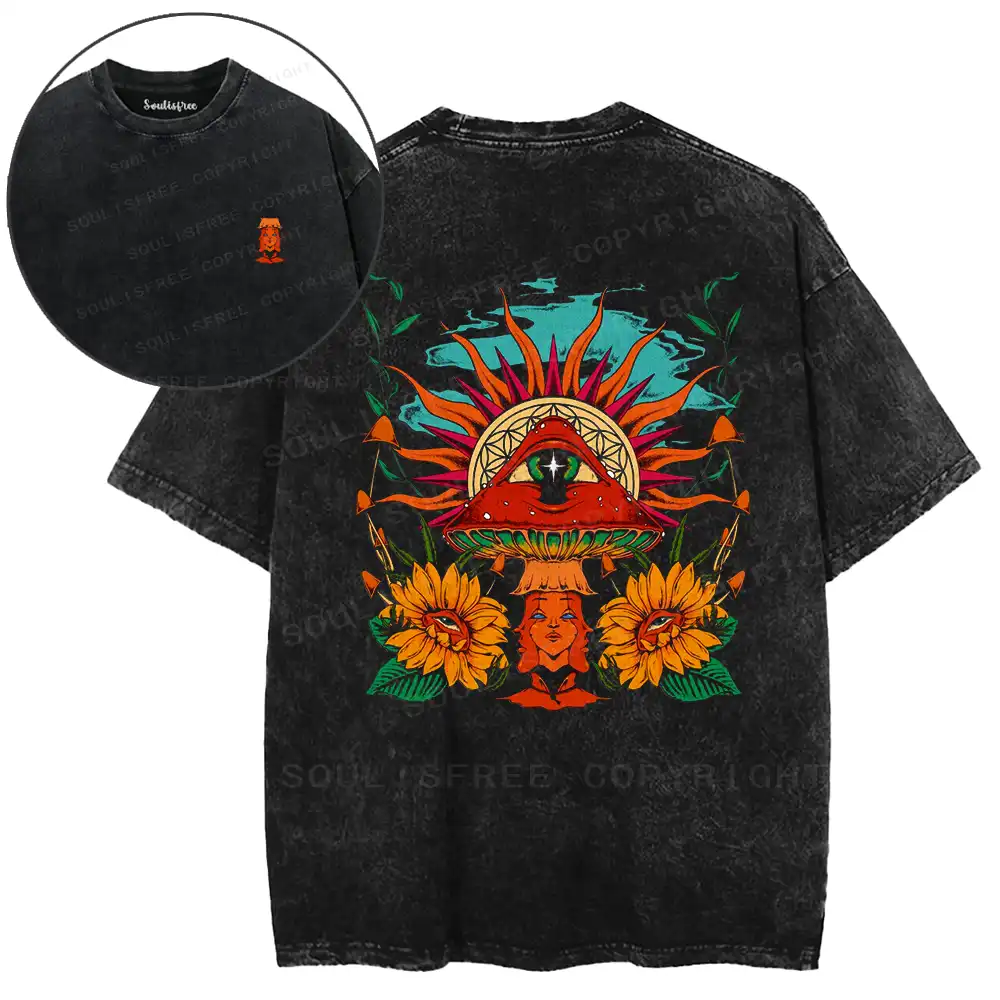 Esoteric Floral Mushroom Eye Washed T-shirt