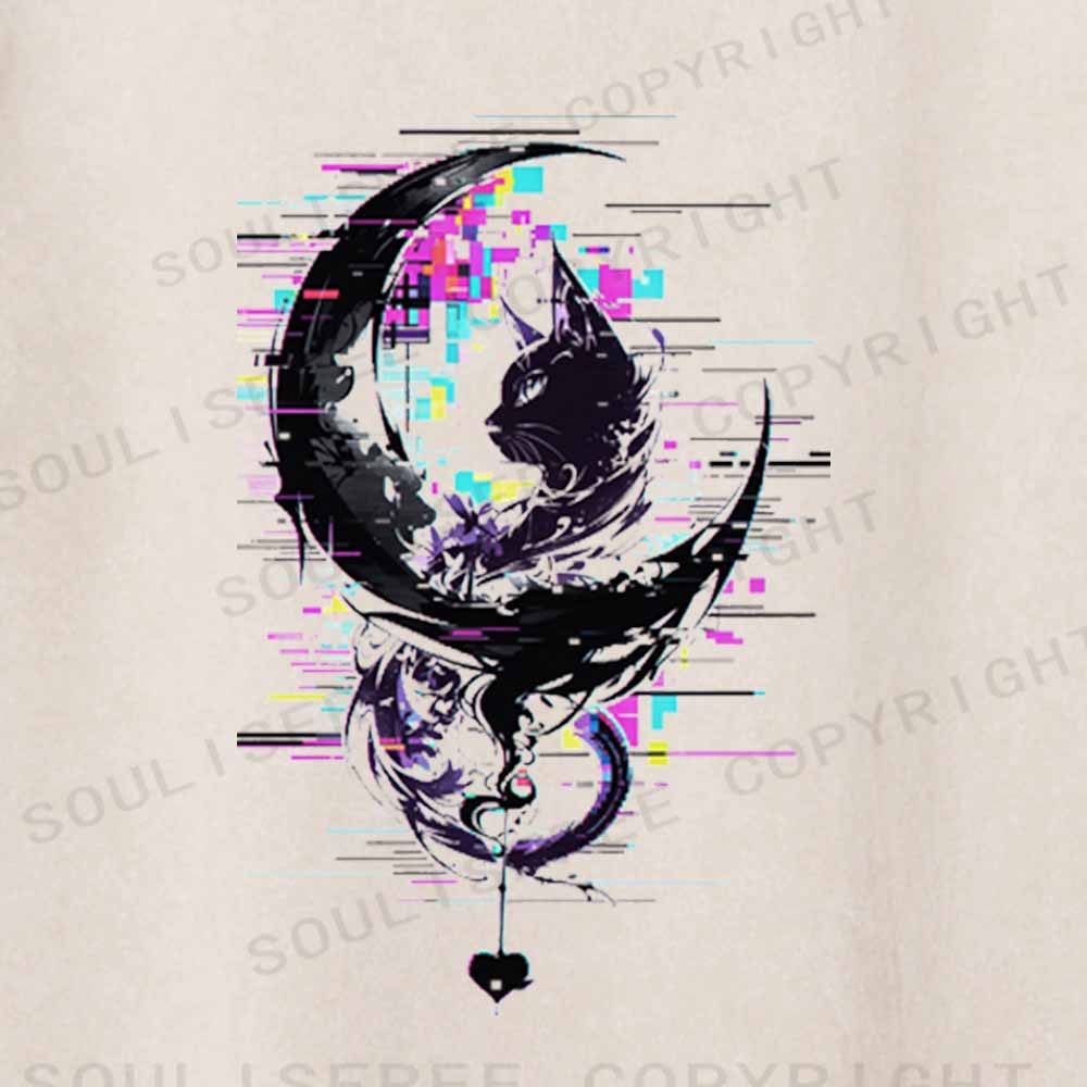 Soulisfree GLITCH CRESCENT BLACK CAT Washed Tee