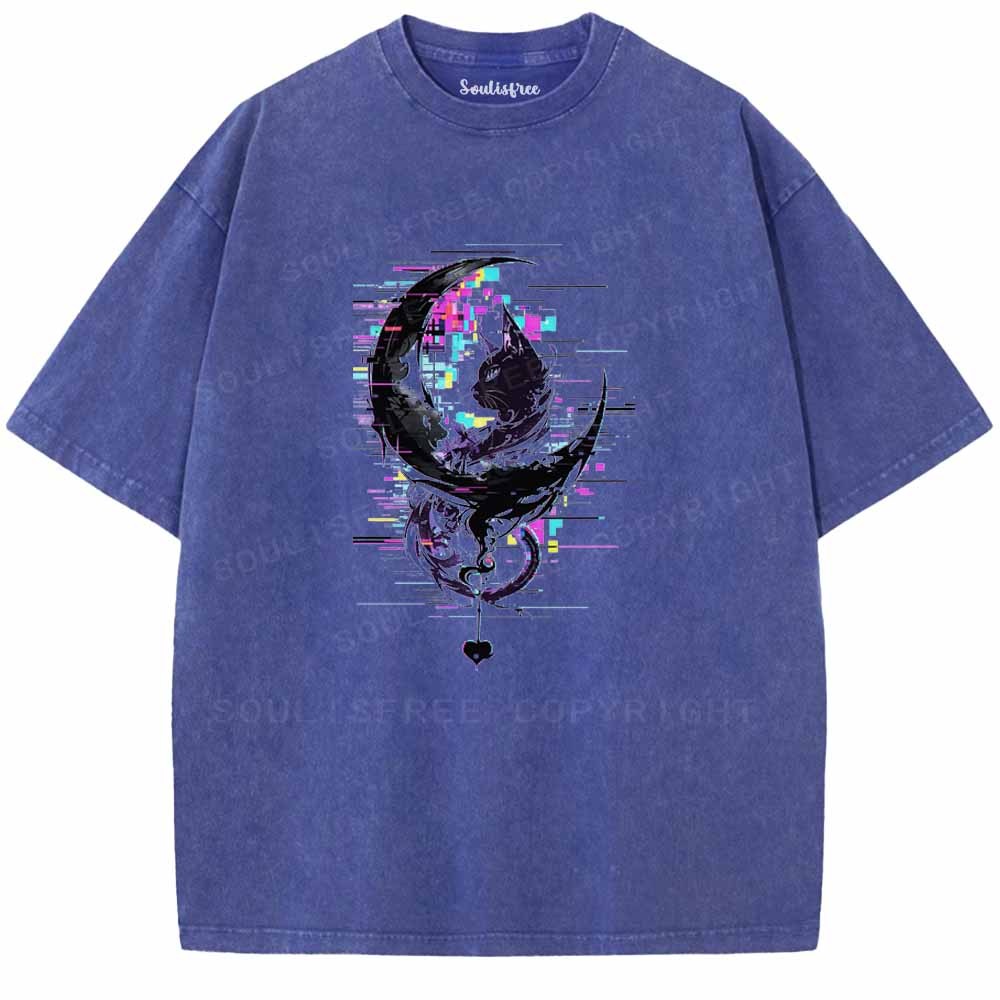 Soulisfree GLITCH CRESCENT BLACK CAT Washed Tee