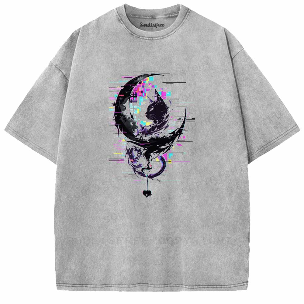 Soulisfree GLITCH CRESCENT BLACK CAT Washed Tee