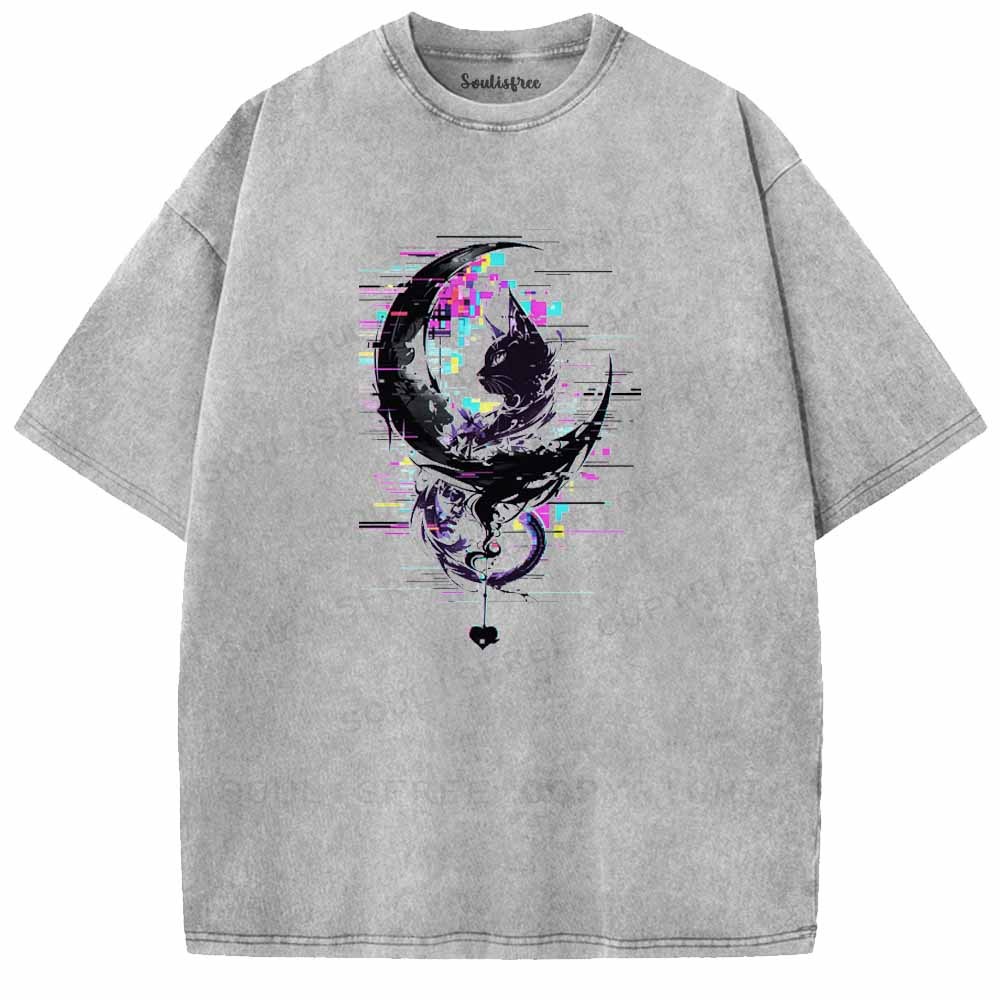 Soulisfree GLITCH CRESCENT BLACK CAT Washed Tee