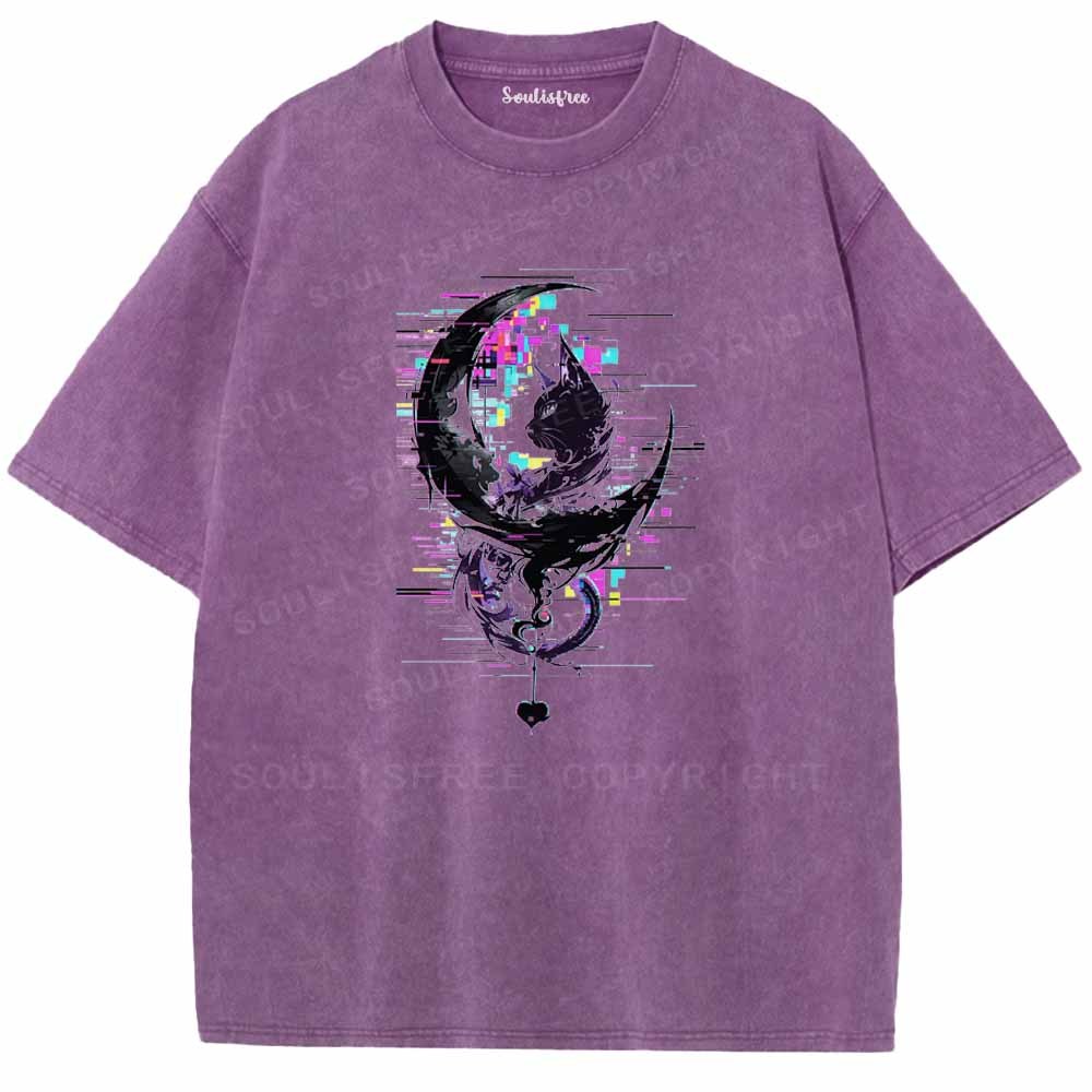Soulisfree GLITCH CRESCENT BLACK CAT Washed Tee