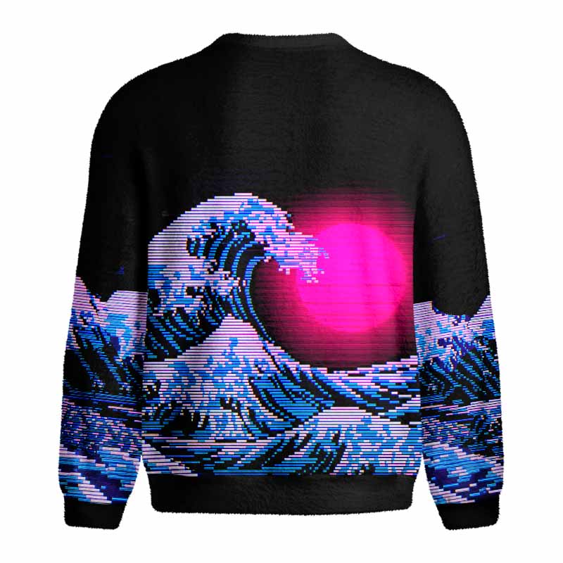 Soulisfree Vaporwave Aesthetic Great Wave Off Kanagawa Fuzzy Crewneck Sweater