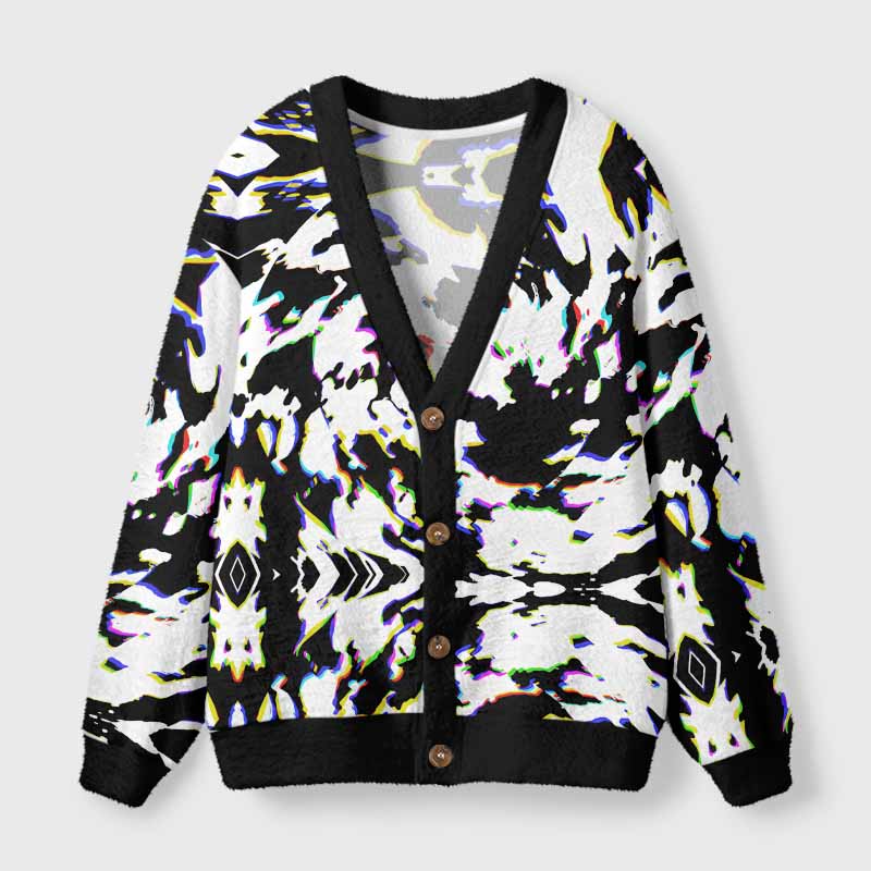 Soulisfree RGB Glitch Camo Fuzzy Cardigan Sweater