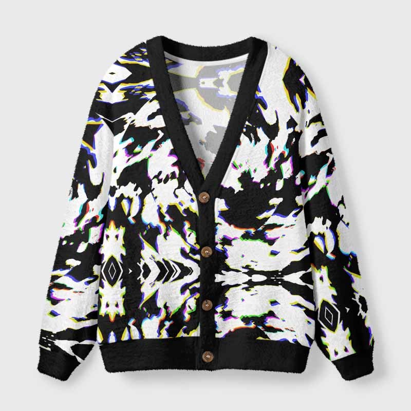 Soulisfree RGB Glitch Camo Fuzzy Cardigan Sweater