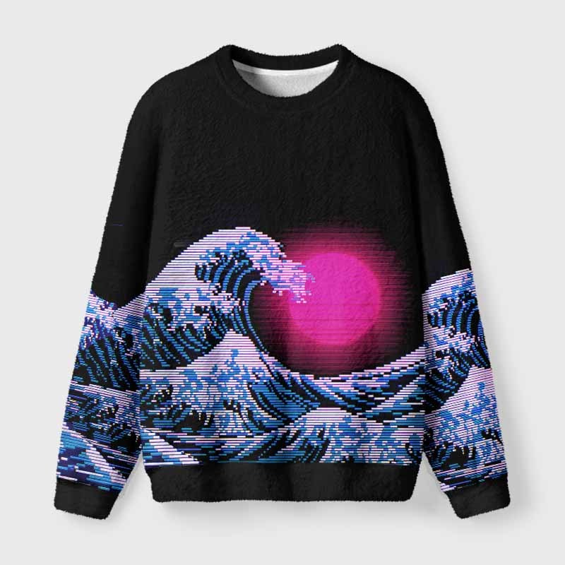 Soulisfree Vaporwave Aesthetic Great Wave Off Kanagawa Fuzzy Crewneck Sweater