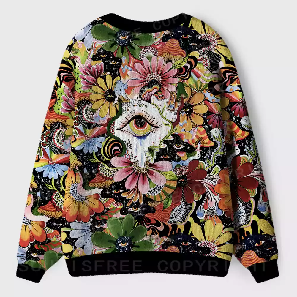 Whimsical Eyes: A Psychedelic Garden Adventure Ugly Cardigan Sweaters
