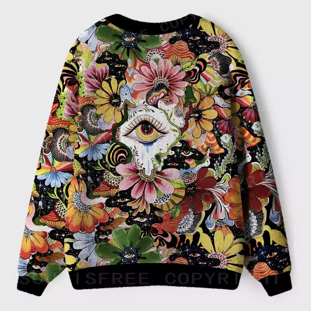 Whimsical Eyes: A Psychedelic Garden Adventure Ugly Cardigan Sweaters