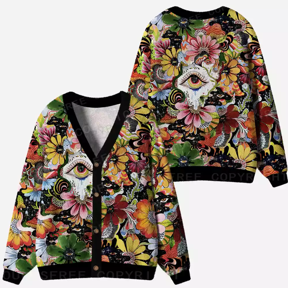 Whimsical Eyes: A Psychedelic Garden Adventure Ugly Cardigan Sweaters