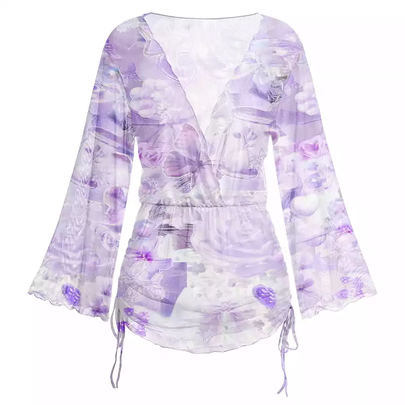 Soulisfree Dreamy Purple Floral Sheer Mesh Cover Up