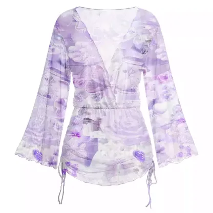 Soulisfree Dreamy Purple Floral Sheer Mesh Cover Up