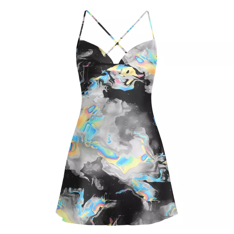 Soulisfree Cyber Iridescent Fluid Swirl Cowl Neck Satin Mini Dress