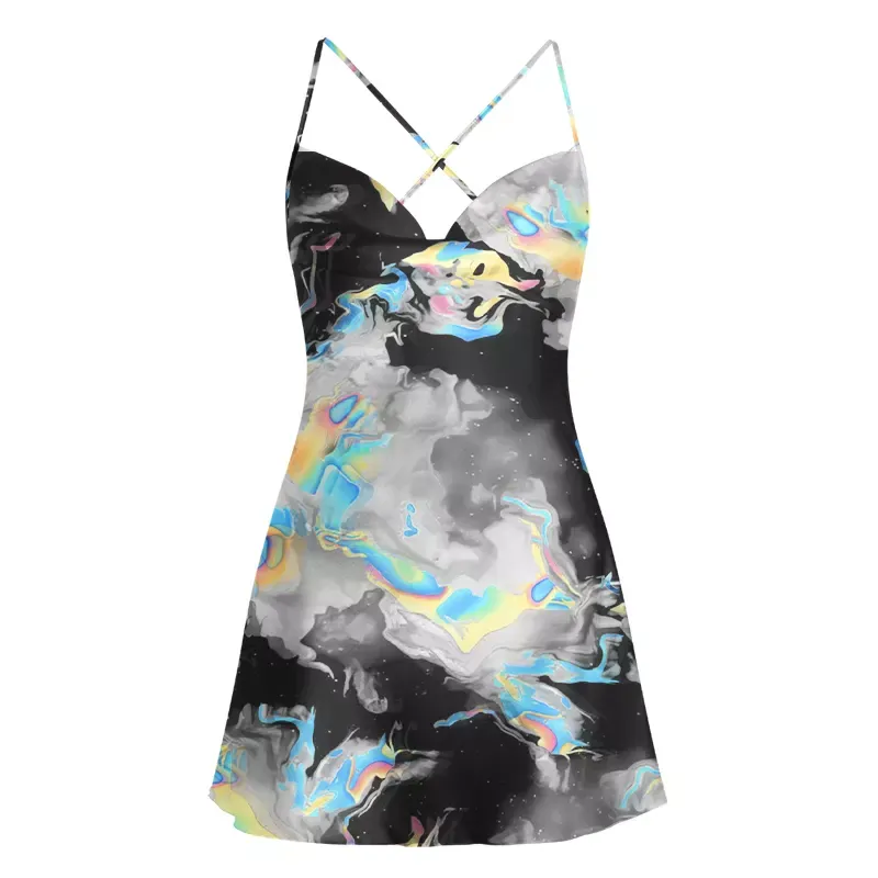 Soulisfree Cyber Iridescent Fluid Swirl Cowl Neck Satin Mini Dress
