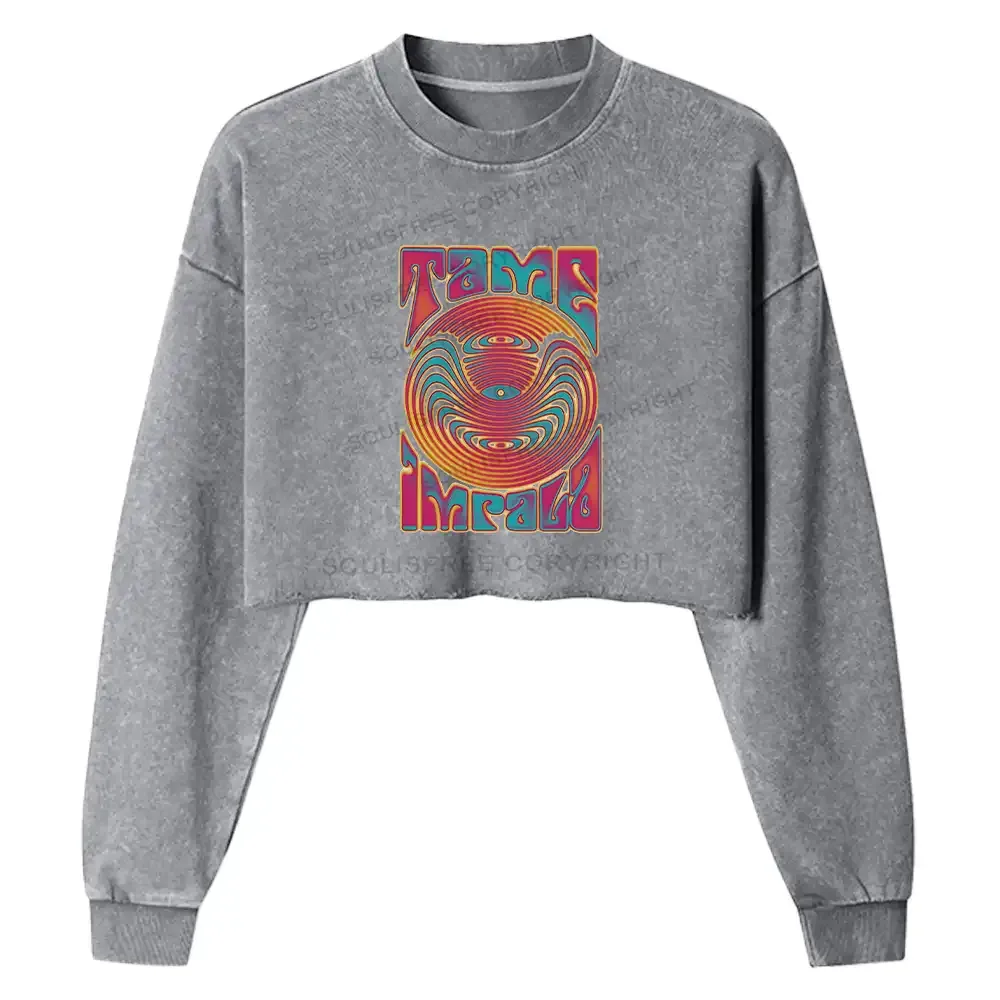 Designed Psychedelic Moment Washed Cropped Sweatshirt