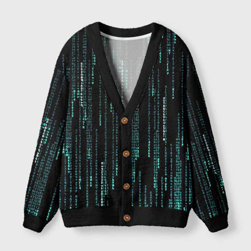 Soulisfree Hacker Digital Stream Fuzzy Cardigan Sweater 