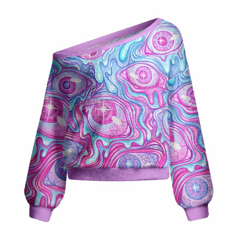 Soulisfree Pastel Flow Ocular Fuzzy Off-Shoulder Sweater