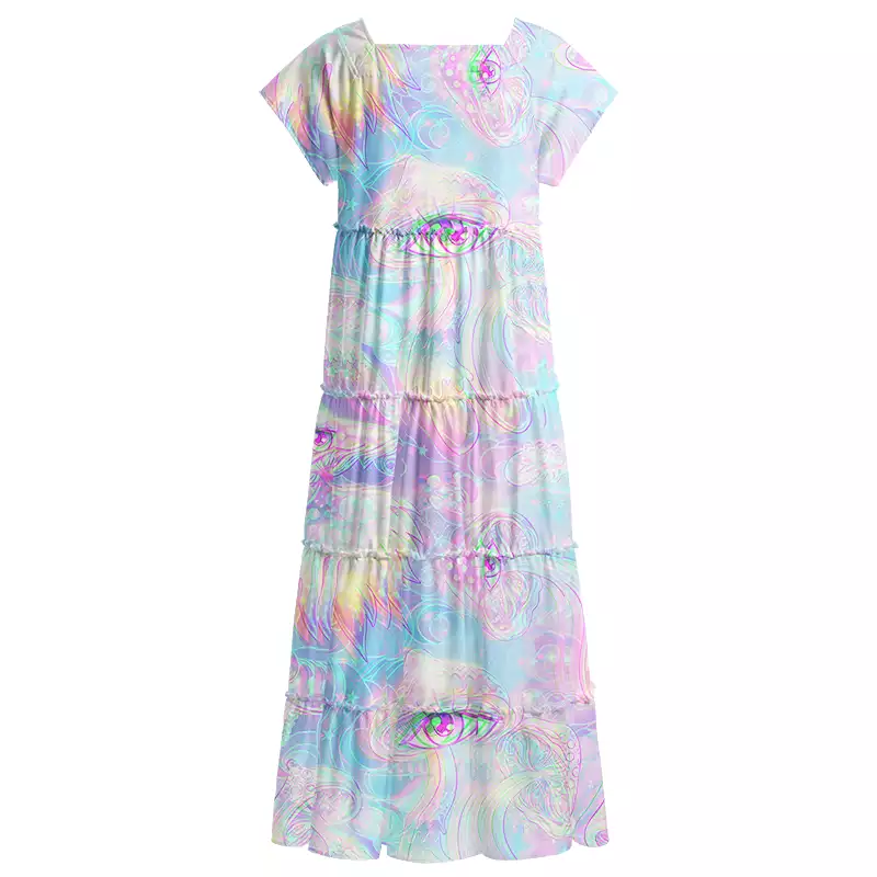 Soulisfree Pastel  All‑Seeing Eyes  Square Neck Maxi Dress
