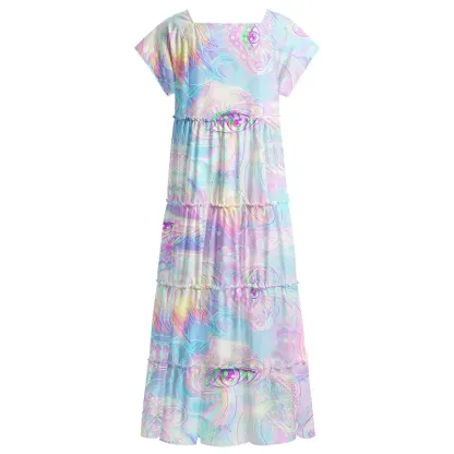 Soulisfree Pastel  All‑Seeing Eyes  Square Neck Maxi Dress