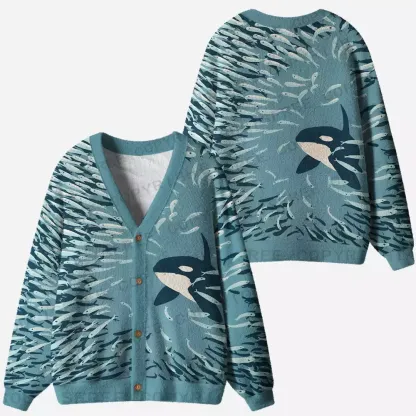 Underwater Symphony: Orca and School of Fish Ugly Cardigan Sweaters