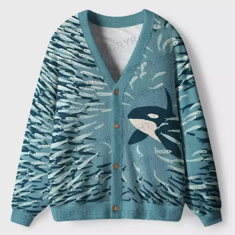 Designed Underwater Symphony: Orca and School of Fish Ugly Cardigan Sweaters
