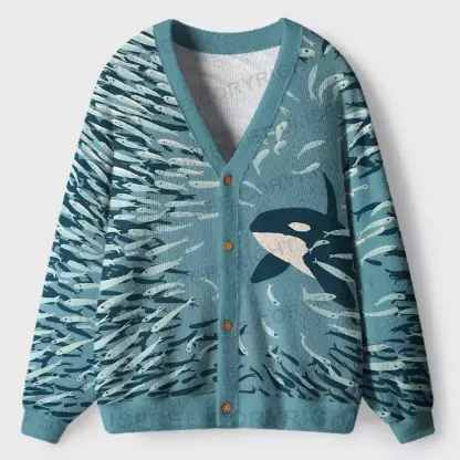 Underwater Symphony: Orca and School of Fish Ugly Cardigan Sweaters
