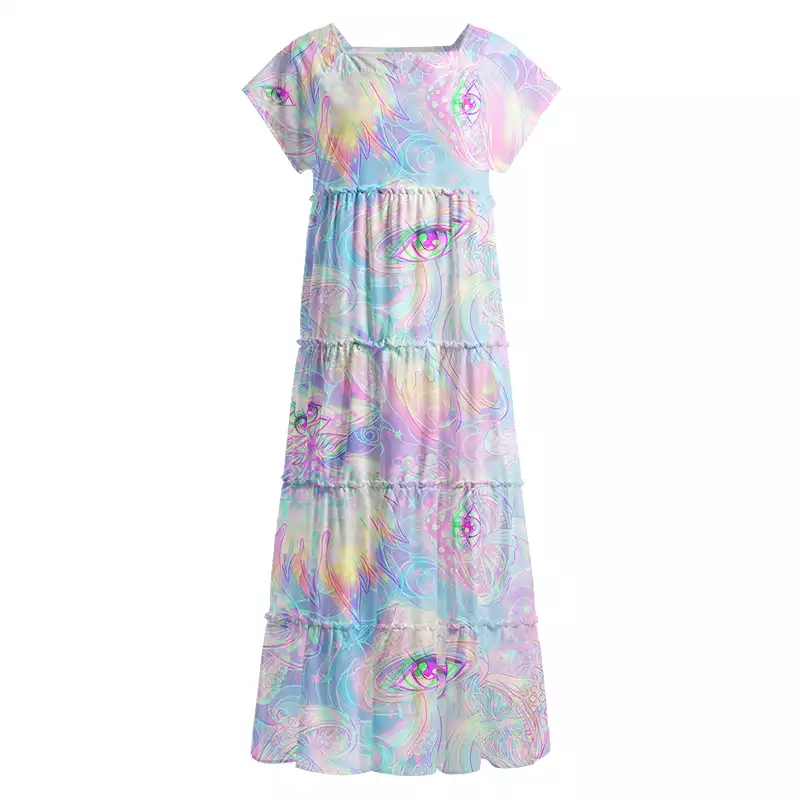 Soulisfree Pastel  All‑Seeing Eyes  Square Neck Maxi Dress