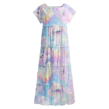 Soulisfree Pastel  All‑Seeing Eyes  Square Neck Maxi Dress